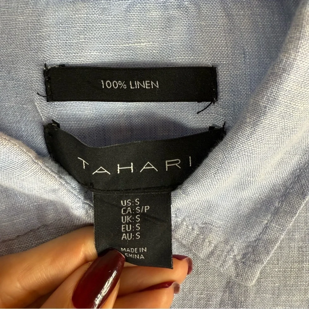 Tahari French blue 100% linen tunic shirt top split hem S Button -Up Top - Picture 9 of 14